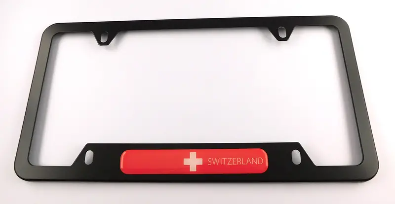 Swiss Flag Black Aluminum License Plate Frame – 4-Screw Mount with Cutout Base