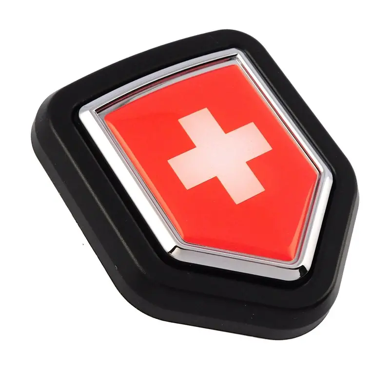Swiss Flag Grill Badge – Polished Chrome Black Shield Emblem for Vehicles