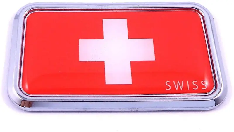 Swiss Flag Rectangular Chrome 3D Car Decal – Switzerland-Themed Vehicle Sticker (3″ x 1.75″)
