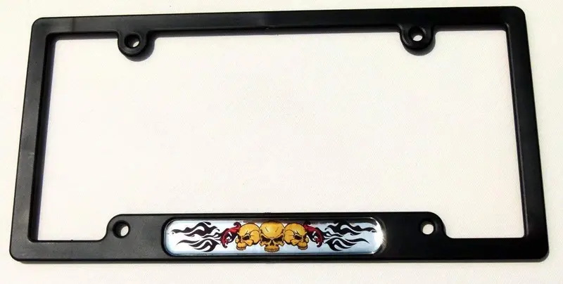 Three Skulls with Flames Car License Plate Frame – Black Plastic with Domed Lens Insert