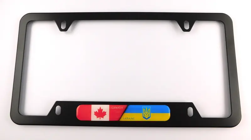 Ukraine-Canada Dual Flag License Plate Frame – Black Aluminum Holder with 4 Mounting Holes