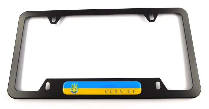Ukraine Flag Black Aluminum License Plate Frame – 4-Screw Mount with Bottom Cutout