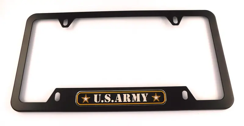 US Army-Themed Black Aluminum License Plate Frame with 4-Screw Mounting and Bottom Cutout