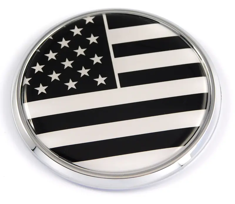 USA Flag Chrome 3D Badge – 2.75″ Monochrome Round Emblem for Automotive Use