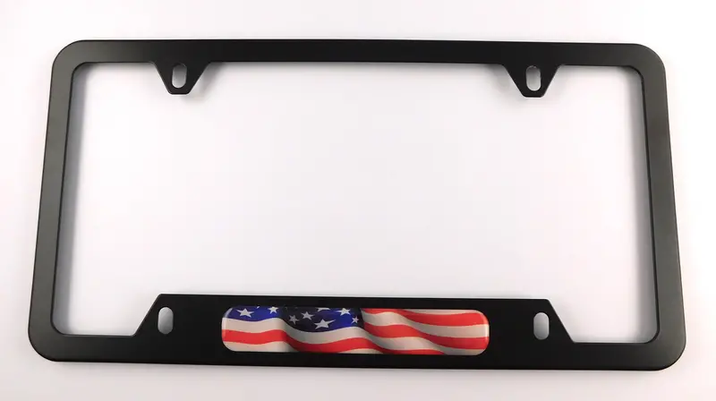 USA Patriotic American Flag Black Aluminum License Plate Holder – 4-Hole Mount & Cutout
