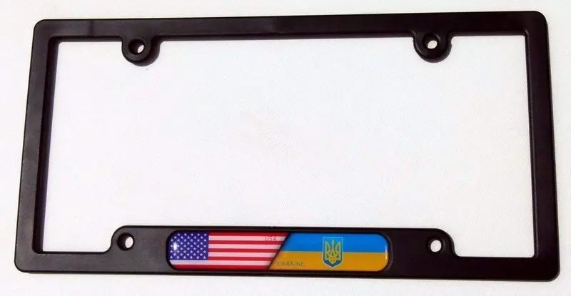 USA & Ukraine Dual-Flag License Plate Frame – Black Plastic with Flame Design and Domed Decal