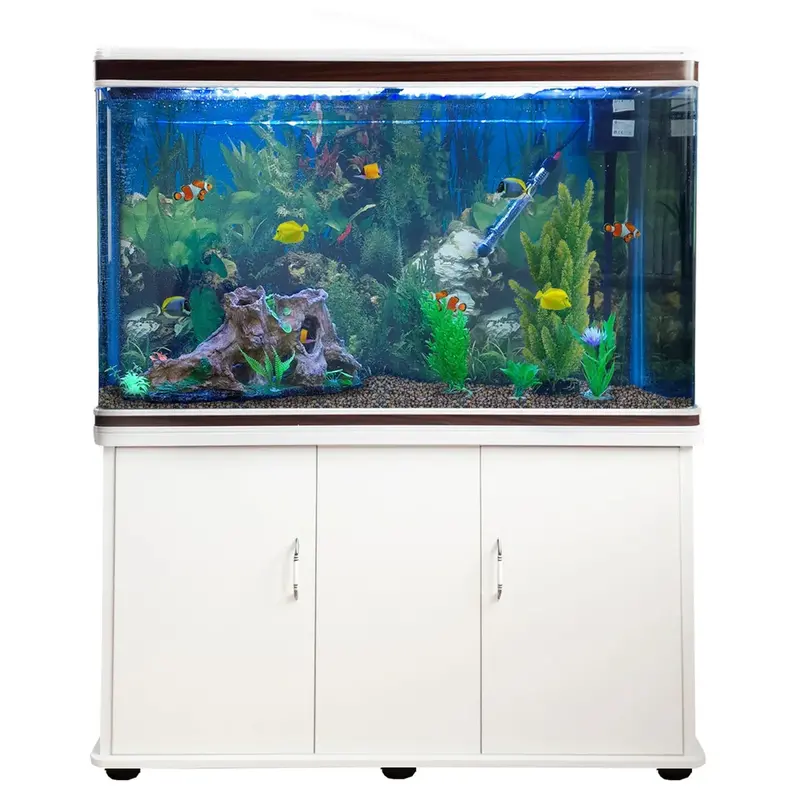 White Aquarium Setup with Natural Gravel, Cabinet, and All Essential Starter Supplies