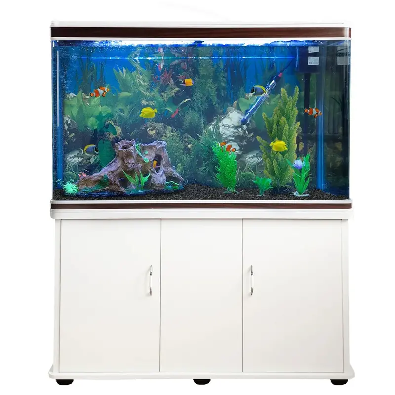 White Aquarium Tank with Black Gravel and Matching Cabinet – Complete Starter Kit