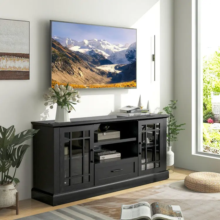 Wooden Media Console TV Stand – 70″ Compatible Entertainment Center with Cabinets and Customizable Shelving