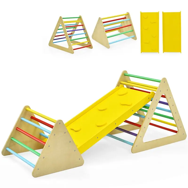 Wooden Pikler Climbing Triangle Set – 3-in-1 Toddler Gym with Ladder, Slide & Reversible Ramp