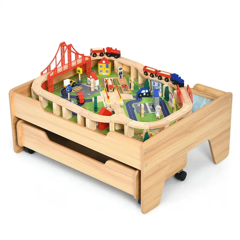 Wooden Train Activity Table Set – 100-Piece Montessori Play Table with Locking Casters