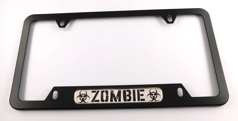 Zombie-Themed License Plate Frame – Black Aluminum Mount with 4-Hole Bottom Cutout